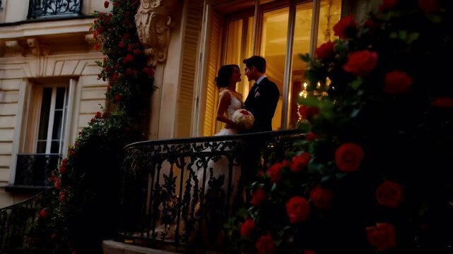 Paris, France, Europe. A wedding couple shares an intimate moment on a balcony. The bride and groom are dressed in formal wedding attire.