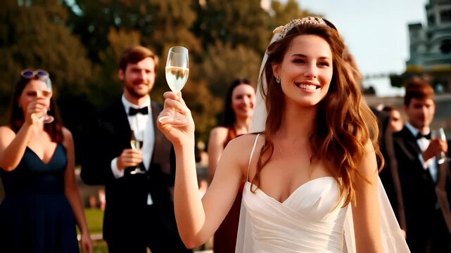 Paris, France, Europe. A woman in a wedding dress holding a glass of champagne.