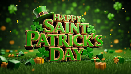 Happy Saint Patricks Day 3D Green Typography with Shamrocks