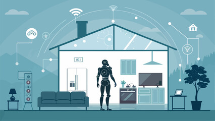 Smart home robot standing in modern living room with connected devices