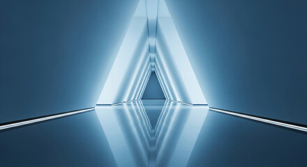 Abstract blue corridor with glowing white triangular walls and reflective floor, showcasing modern architecture and minimalist design, ideal for futuristic or technology concepts