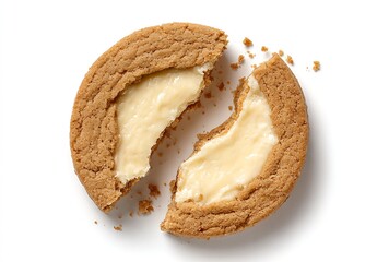 Cream-filled cookie broken in half sweet baked treat with creamy filling isolated on white backgroun