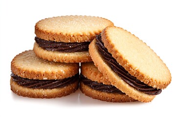 Stack of chocolate cream sandwich cookies sweet baked biscuits with filling isolated on white backgr