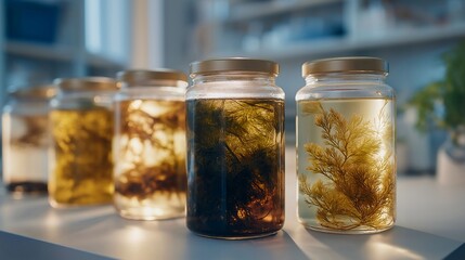 A sustainable food lab experimenting with plant-based meat fermentation, glowing incubators nurturing specialized fungi and bacterial cultures &mdash; alternative protein innovation, biotech food
