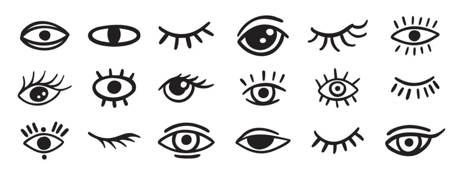 eyes and lashes doodle hand drawn icon set. Outline drawing line clipart symbol collection