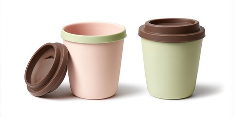 Two reusable coffee cups one open with lid beside for takeaway drinks isolated on white
