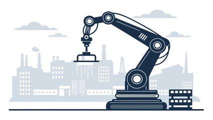 Industrial robotic arm in modern factory setting with cityscape