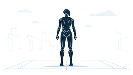 Futuristic humanoid robot standing on digital platform with cityscape