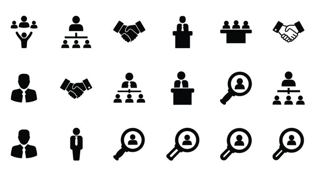 A collection of diverse black silhouette icons depicting people teams handshakes and concepts of human resources and leadership - Powered by Adobe