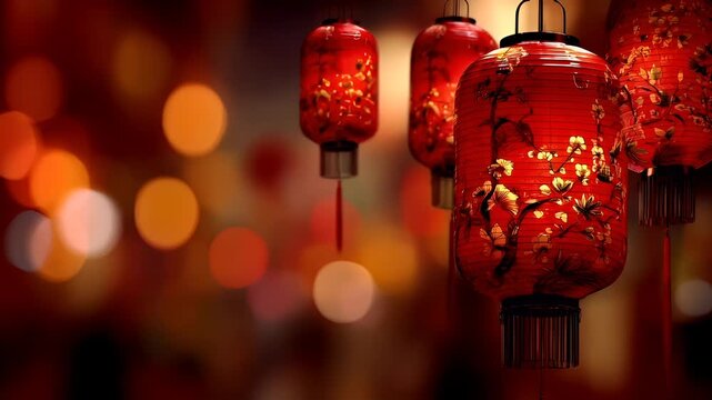 Chinese lunar new year holiday celebration. Spring festival tradition. Chunjie. Asia. red paper lanterns with floral patterns and tassels.