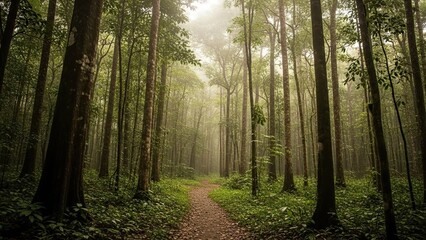 Serene forest path with tall trees and misty atmosphere