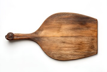 Rustic wooden pizza peel with carved handle rustic kitchenware for baking and serving isolated on wh