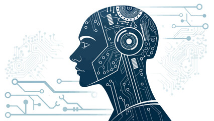 Futuristic robotic head with circuit board design elements