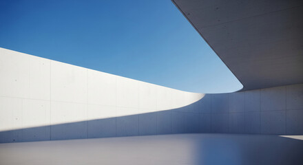 Minimalist concrete architecture showcase featuring curved walls and clear blue sky offering ample free space for text or product placement representing modern design and clean aesthetics