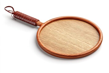Round wooden serving tray with leather handle rustic kitchenware for food presentation isolated on w