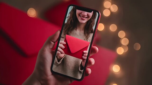 Chinese lunar new year holiday celebration. Spring festival tradition. Chunjie. Asia. A closeup of a persons hands holding a smartphone with a red envelope in front of them.