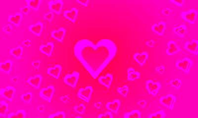 Vibrant pink background adorned with numerous floating heart outlines and a prominent central heart