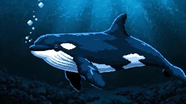 Pixelated illustration of an orca swimming underwater, with bubbles rising. Dark blue tones