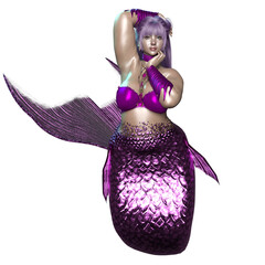 3D rendered illustration of a beautiful voluptuous mermaid with a purple iridescent tail, isolated on a transparent background
