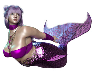 3D rendered illustration of a beautiful voluptuous mermaid with a purple iridescent tail, isolated on a transparent background