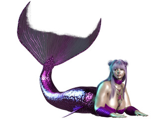 3D rendered illustration of a beautiful voluptuous mermaid with a purple iridescent tail, isolated on a transparent background