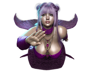 3D rendered illustration of a beautiful voluptuous mermaid with a purple iridescent tail, isolated on a transparent background