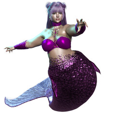 3D rendered illustration of a beautiful voluptuous mermaid with a purple iridescent tail, isolated on a transparent background