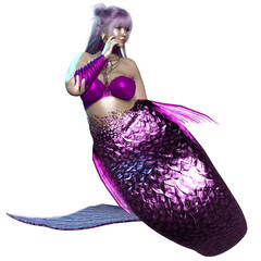 3D rendered illustration of a beautiful voluptuous mermaid with a purple iridescent tail, isolated on a transparent background
