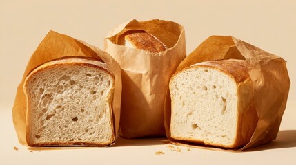 Sliced loaves of bread protrude from kraft paper bags, arranged artfully against a neutral, warm background. The soft light enhances texture