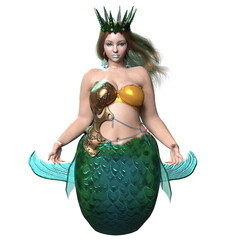 3D rendered illustration of a beautiful voluptuous mermaid with a crown and a green iridescent tail, isolated on a transparent background