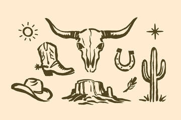 Longhorn skull western icons ink sketch vector illustration