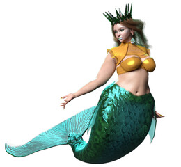 3D rendered illustration of a beautiful voluptuous mermaid with a crown and a green iridescent tail, isolated on a transparent background