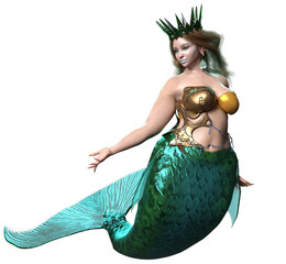 3D rendered illustration of a beautiful voluptuous mermaid with a crown and a green iridescent tail, isolated on a transparent background