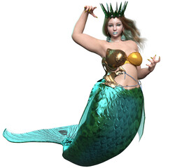 3D rendered illustration of a beautiful voluptuous mermaid with a crown and a green iridescent tail, isolated on a transparent background