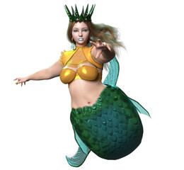 3D rendered illustration of a beautiful voluptuous mermaid with a crown and a green iridescent tail, isolated on a transparent background