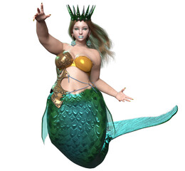 3D rendered illustration of a beautiful voluptuous mermaid with a crown and a green iridescent tail, isolated on a transparent background
