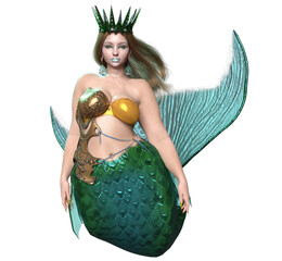 3D rendered illustration of a beautiful voluptuous mermaid with a crown and a green iridescent tail, isolated on a transparent background