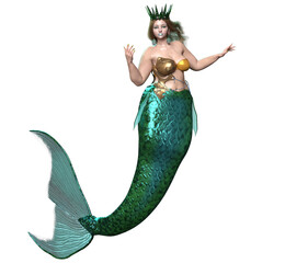 3D rendered illustration of a beautiful voluptuous mermaid with a crown and a green iridescent tail, isolated on a transparent background