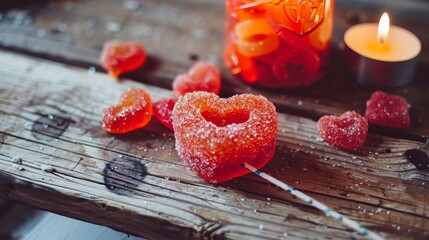 Romantic heart shaped candies and candles creating a cozy atmosphere for special moments