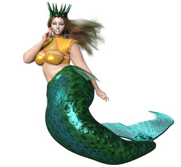 3D rendered illustration of a beautiful voluptuous mermaid with a crown and a green iridescent tail, isolated on a transparent background