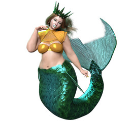 3D rendered illustration of a beautiful voluptuous mermaid with a crown and a green iridescent tail, isolated on a transparent background