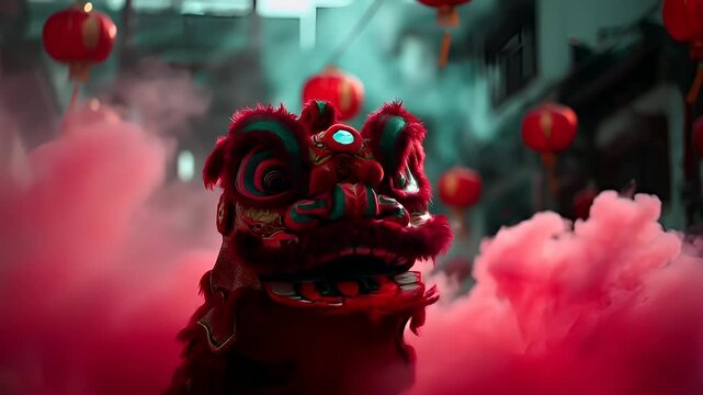Chinese lunar new year holiday celebration. Spring festival tradition. Chunjie. Asia. A vivid portrayal of a traditional Chinese dragon dance, set against a backdrop of a misty urban environment.