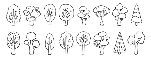 Fototapeta premium different trees doodle hand drawn icon set. Outline drawing tree line clipart symbol collection