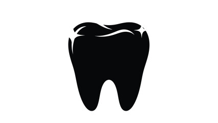 A simple black silhouette of a molar tooth presented against a stark white background conveying dental health concepts
