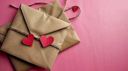 Romantic love letter envelope adorned with paper hearts on a soft pink background for celebrations