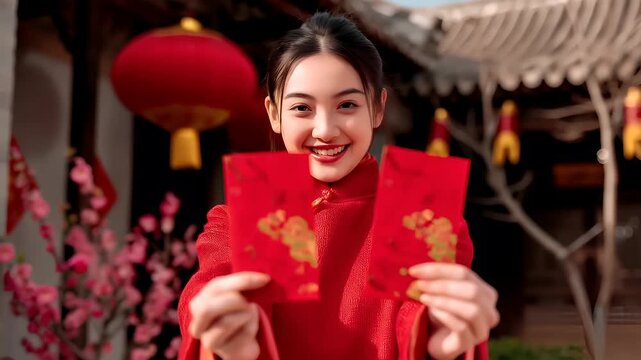 Chinese lunar new year holiday celebration. Spring festival tradition. Chunjie. Asia. A woman in a red cheongsam holding red envelopes with gold accents.