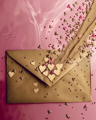 Love letter with paper hearts on a pink background for valentine s or anniversary celebration