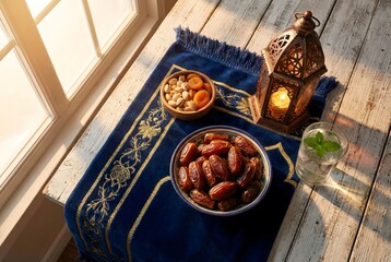 Ramadan Kareem Traditional Iftar Setting with Dates Lantern and Prayer Rug near Window Sunlight
