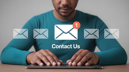 Email contact us concept, Email marketing and newsletter. Contact us by newsletter email, Businessman using laptop with email icons on virtual screen.