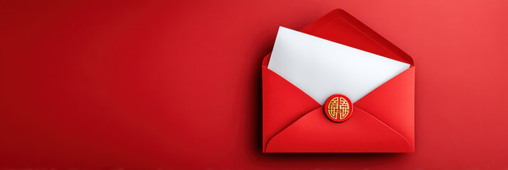 Red envelope with white card and festive seal celebrating spring festival joy and tradition